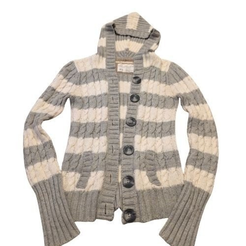 Vintage Aeropostale Cardigan Gray‎ White Stripe Hoodie M Y2K Bella Swan Pockets